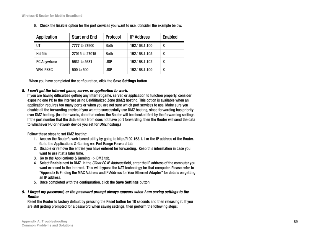 Cisco Systems WRT54G3G-ST manual Can’t get the Internet game, server, or application to work 