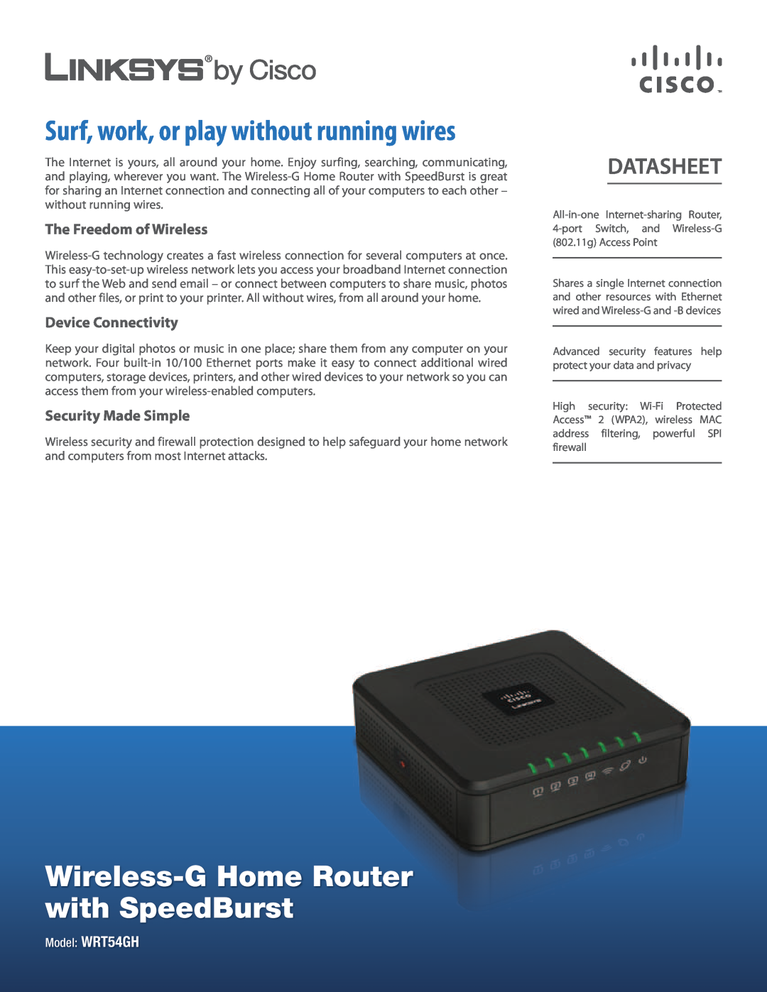 Cisco Systems WRT54GH manual Wireless-G Home Router with SpeedBurst, Surf, work, or play without running wires, Datasheet 