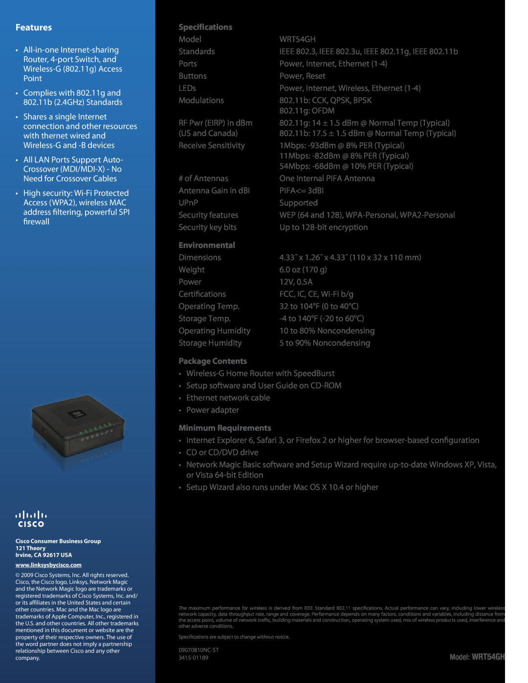 Cisco Systems WRT54GH manual Features, Specifications, Environmental, Package Contents, Minimum Requirements 