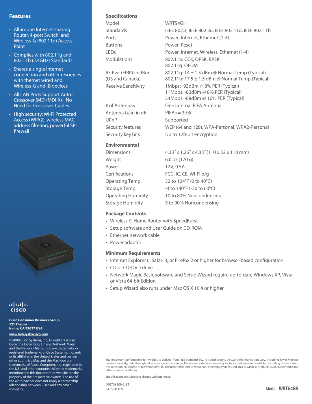 Cisco Systems WRT54GH manual Specifications, Environmental, Package Contents, Minimum Requirements 