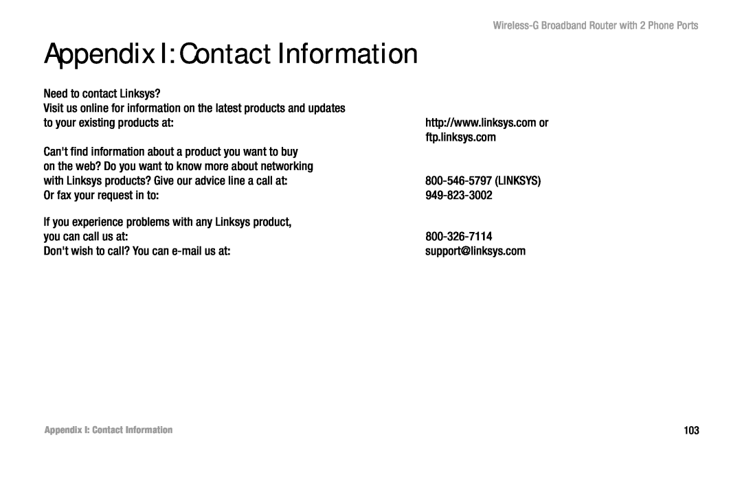 Cisco Systems WRT54GP2 manual Appendix I Contact Information 