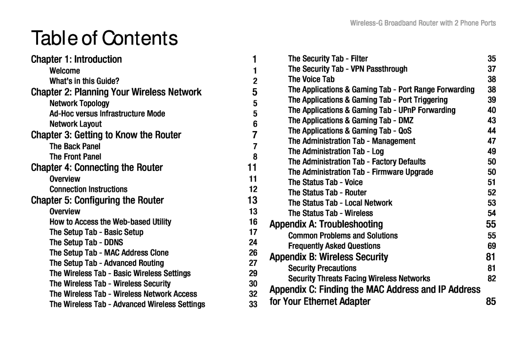 Cisco Systems WRT54GP2 manual Table of Contents, Introduction, Planning Your Wireless Network, Getting to Know the Router 