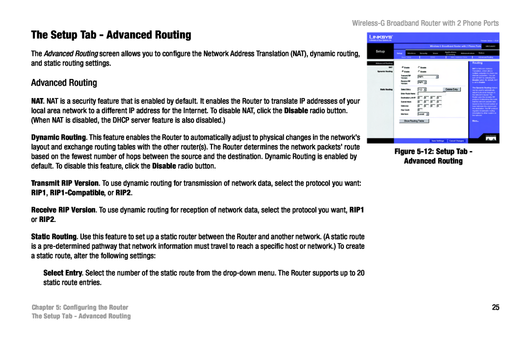 Cisco Systems WRT54GP2 manual The Setup Tab - Advanced Routing, Wireless-G Broadband Router with 2 Phone Ports 