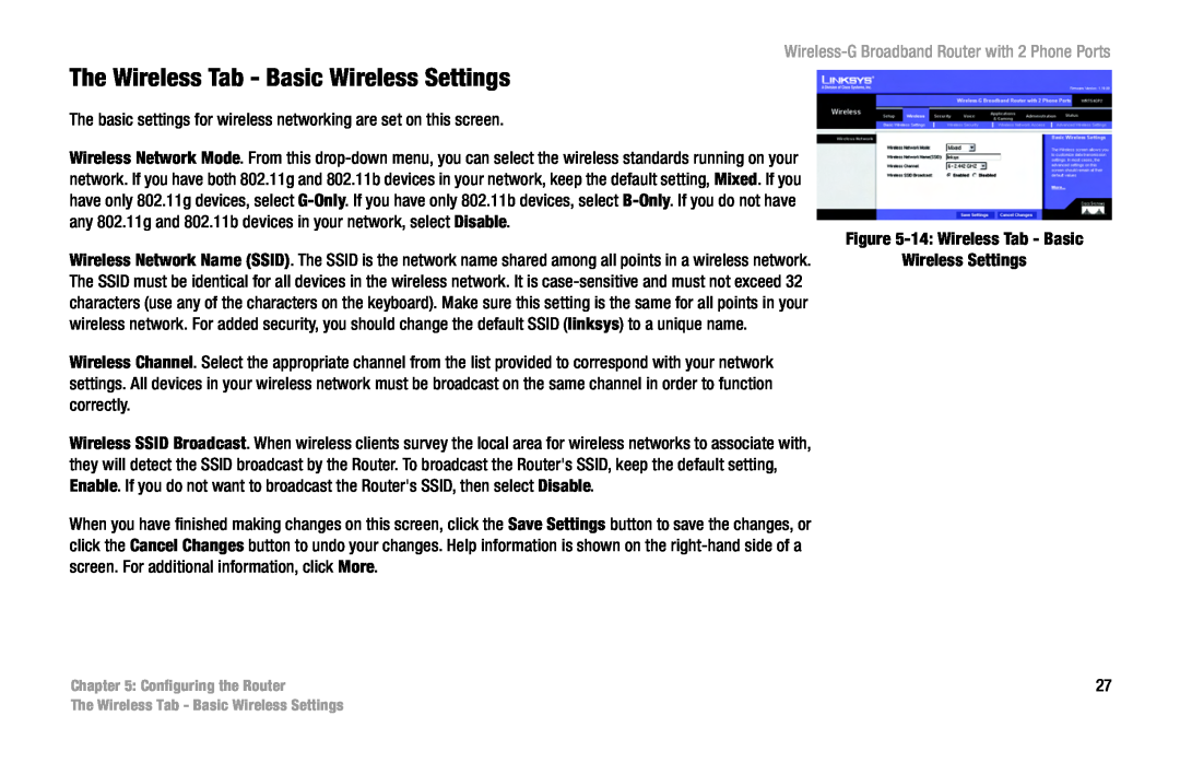 Cisco Systems WRT54GP2 manual The Wireless Tab - Basic Wireless Settings, Wireless-G Broadband Router with 2 Phone Ports 