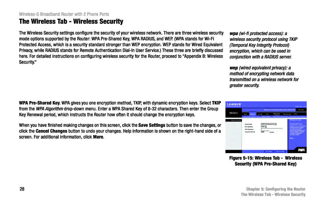 Cisco Systems WRT54GP2 manual The Wireless Tab - Wireless Security, Wireless-G Broadband Router with 2 Phone Ports 