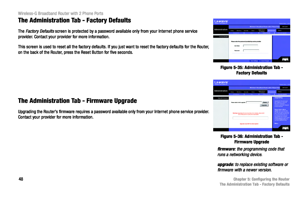Cisco Systems WRT54GP2 manual The Administration Tab - Factory Defaults, The Administration Tab - Firmware Upgrade 