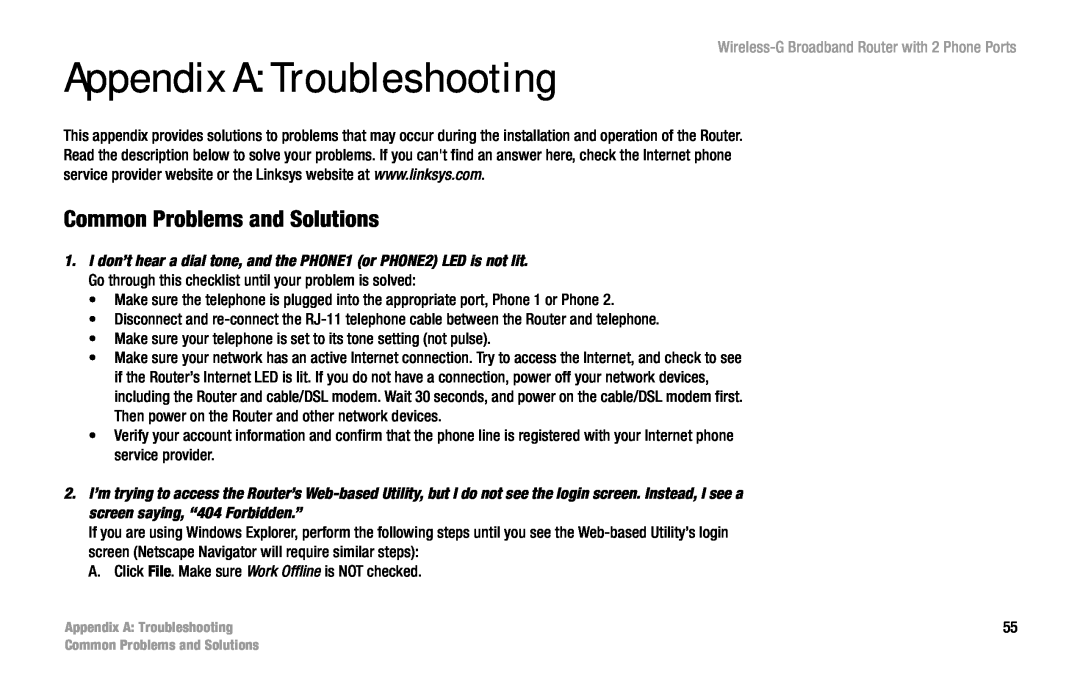 Cisco Systems WRT54GP2 manual Appendix A Troubleshooting, Common Problems and Solutions 