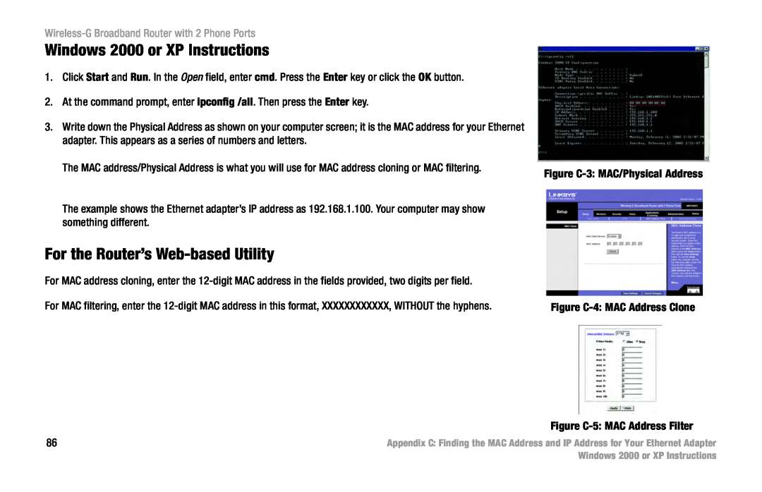 Cisco Systems WRT54GP2 manual Windows 2000 or XP Instructions, For the Router’s Web-based Utility 
