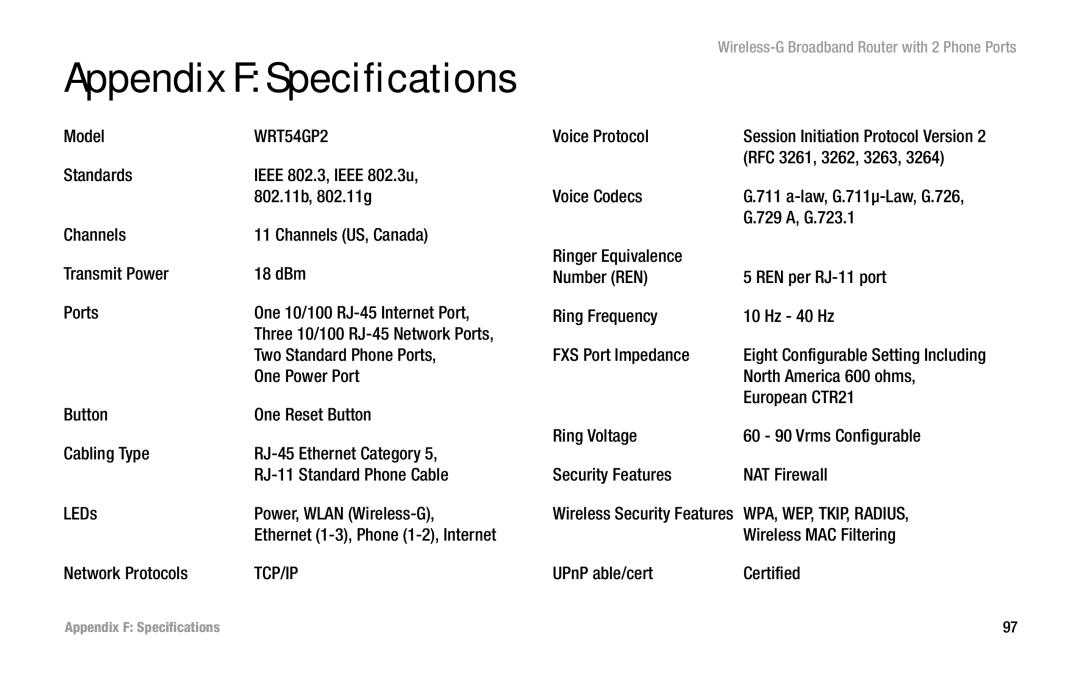 Cisco Systems WRT54GP2 manual Appendix F Specifications, Model, Voice Protocol, UPnP able/cert Certified 