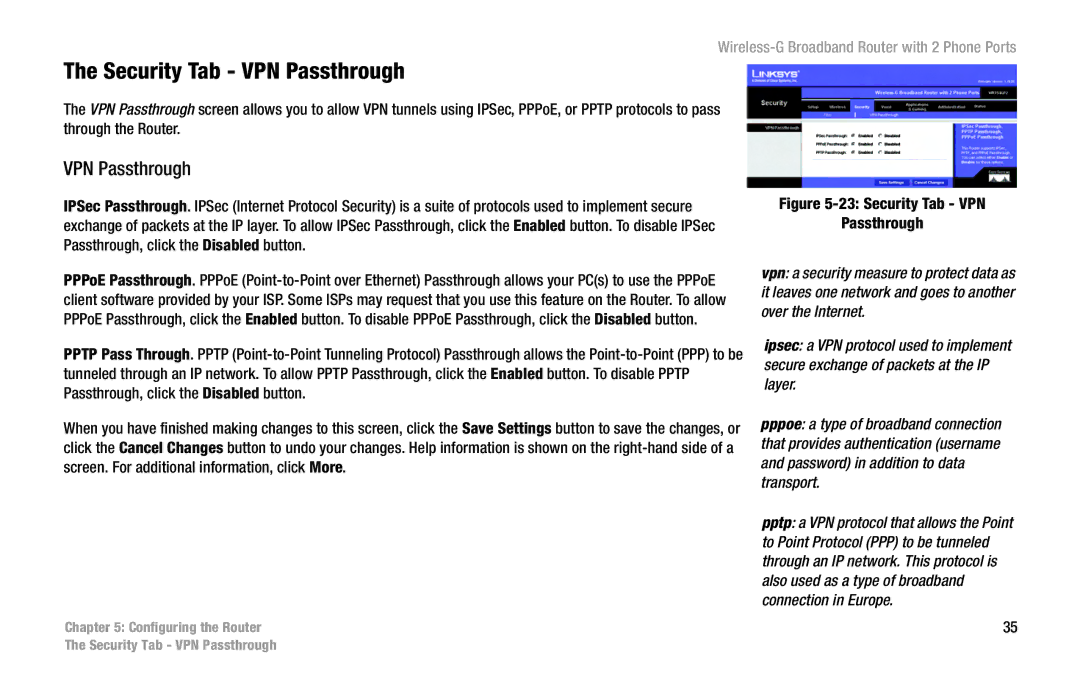 Cisco Systems WRT54GP2 manual Security Tab VPN Passthrough 