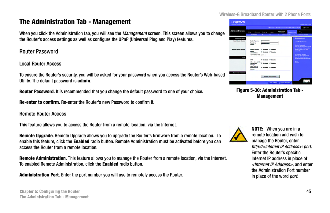 Cisco Systems WRT54GP2 manual Administration Tab Management, Router Password, Local Router Access, Remote Router Access 