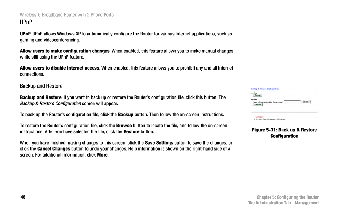 Cisco Systems WRT54GP2 manual UPnP, Backup and Restore 