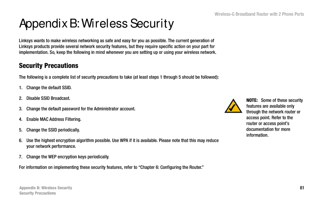 Cisco Systems WRT54GP2 manual Appendix B Wireless Security, Security Precautions 