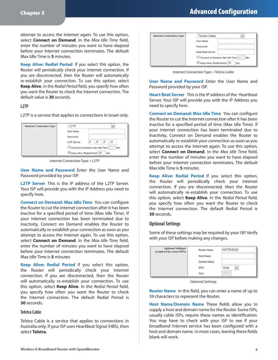 Cisco Systems WRT54GS2 manual Optional Settings, Telstra Cable 