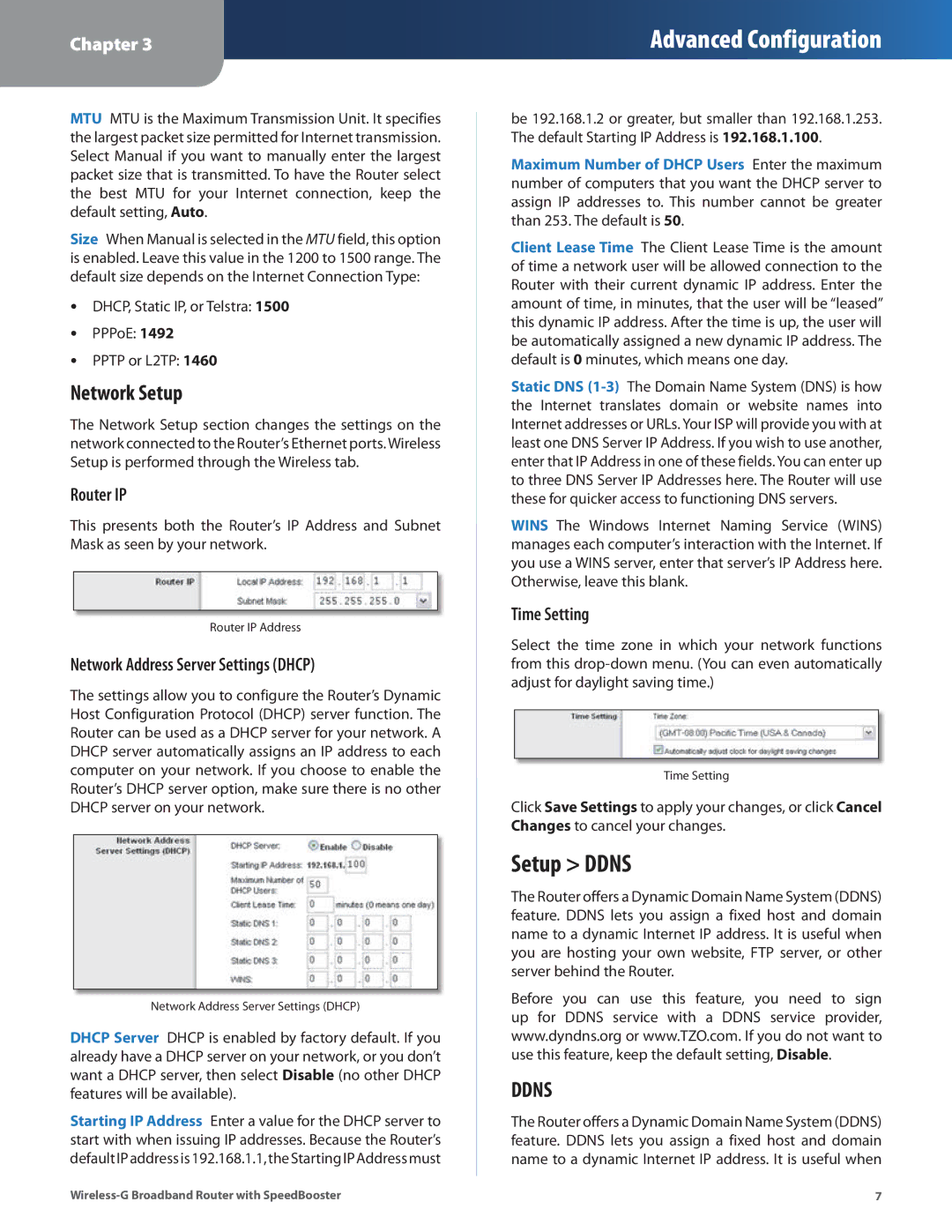 Cisco Systems WRT54GS2 manual Setup Ddns, Network Setup, Router IP, Network Address Server Settings Dhcp, Time Setting 