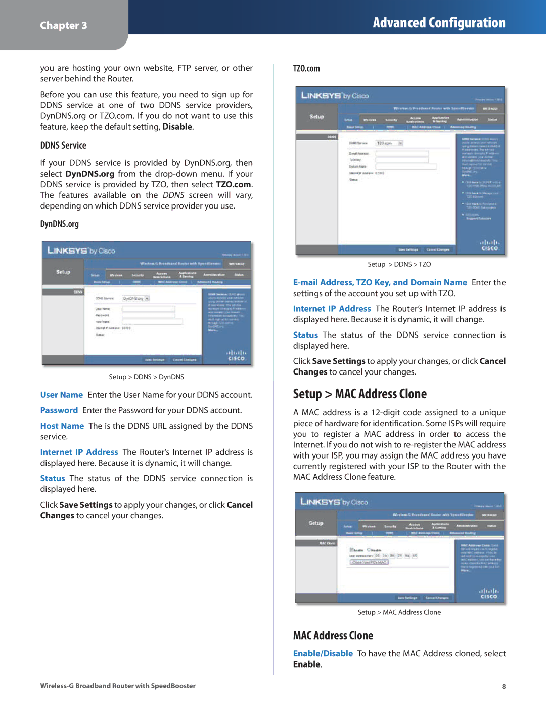 Cisco Systems WRT54GS2 manual Setup MAC Address Clone, Ddns Service, DynDNS.org, TZO.com 