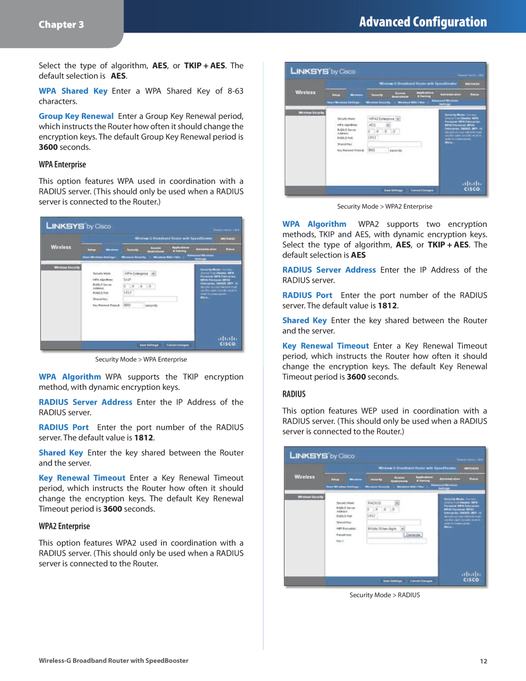 Cisco Systems WRT54GS2 manual WPA Enterprise, WPA2 Enterprise 