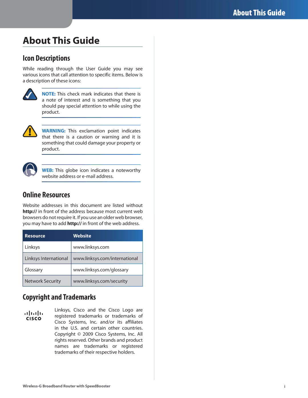 Cisco Systems WRT54GS2 manual Icon Descriptions, Online Resources, Copyright and Trademarks 