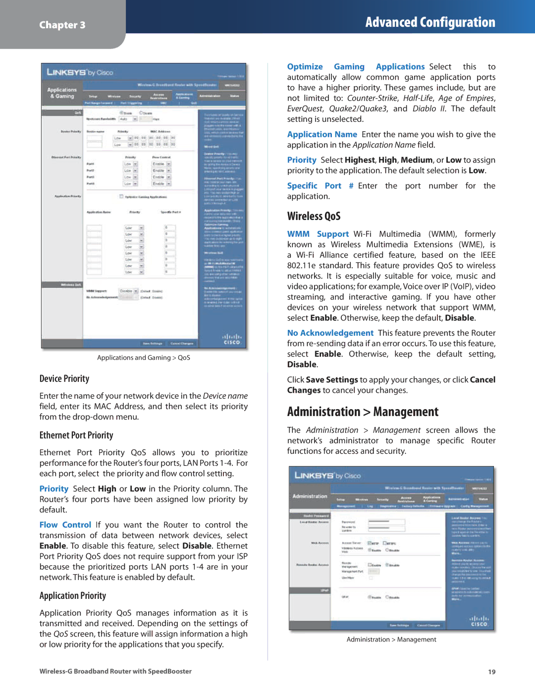 Cisco Systems WRT54GS2 manual Administration Management, Wireless QoS, Device Priority, Ethernet Port Priority 