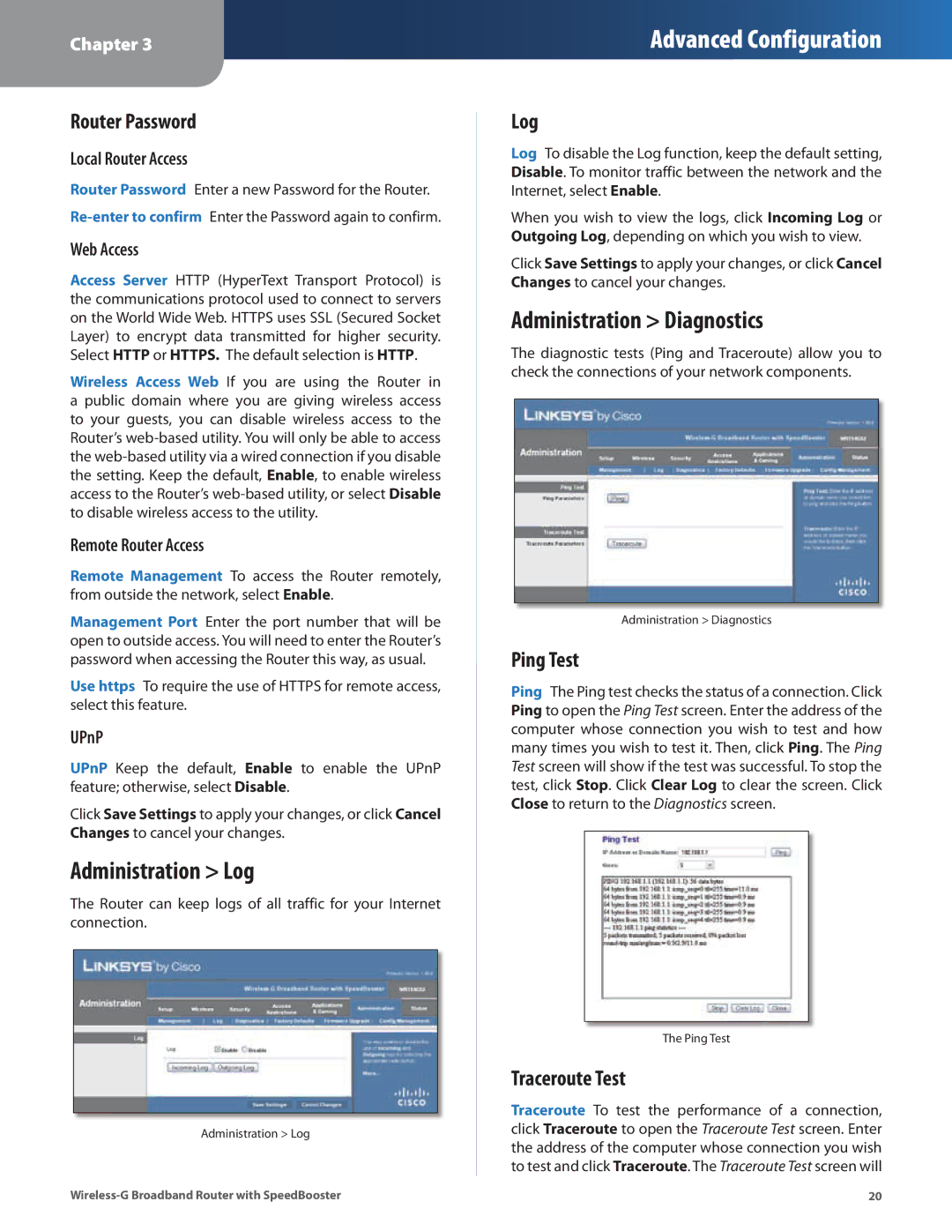 Cisco Systems WRT54GS2 manual Administration Log, Administration Diagnostics 