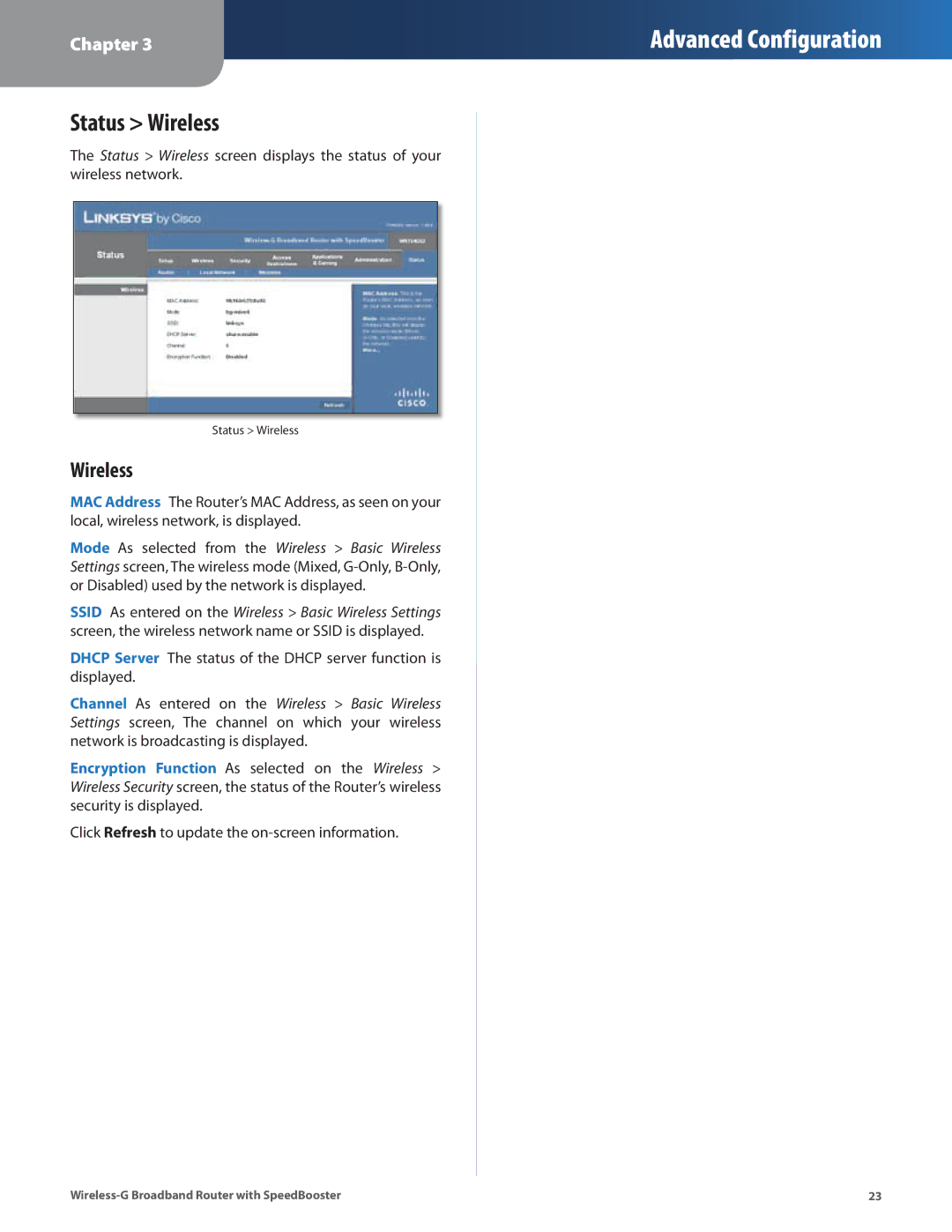 Cisco Systems WRT54GS2 manual Status Wireless 