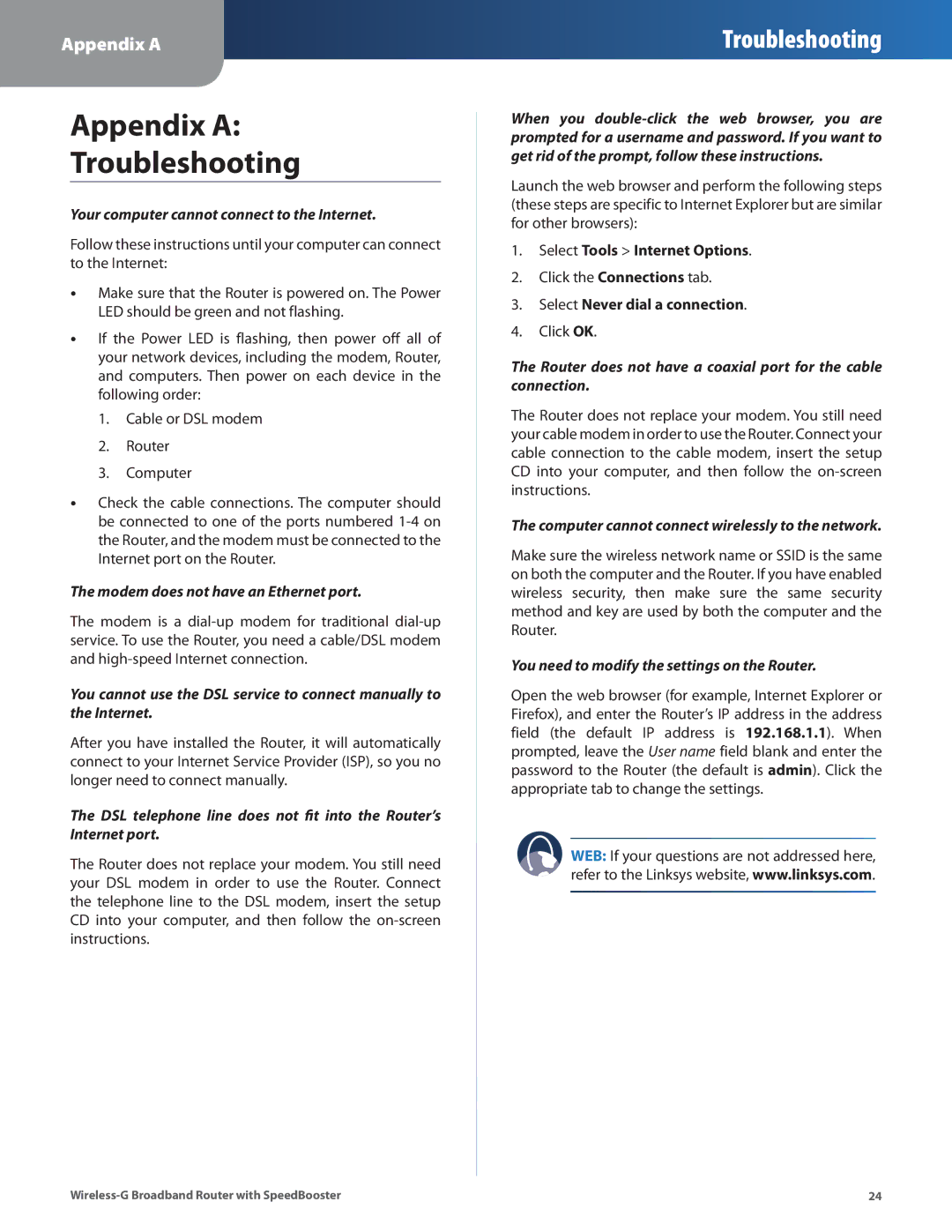 Cisco Systems WRT54GS2 manual Appendix a Troubleshooting 