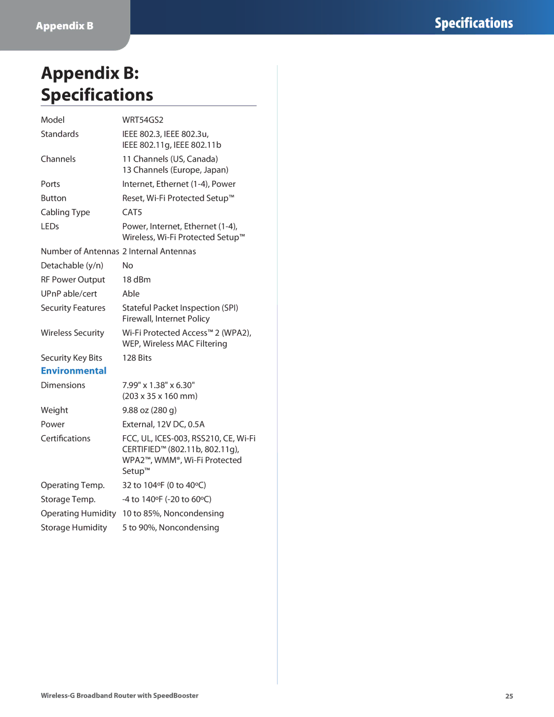 Cisco Systems WRT54GS2 manual Appendix B Specifications 