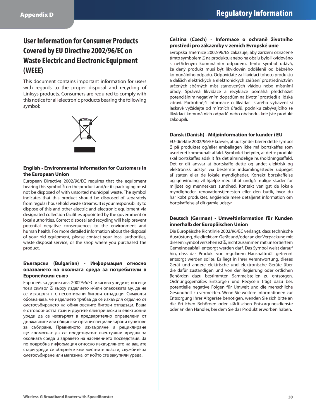 Cisco Systems WRT54GS2 manual Dansk Danish Miljøinformation for kunder i EU 