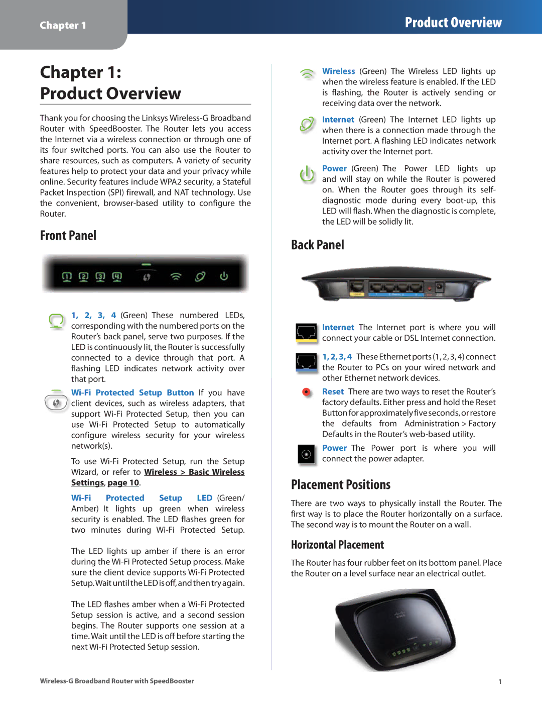 Cisco Systems WRT54GS2 manual Front Panel, Back Panel, Placement Positions, Horizontal Placement 