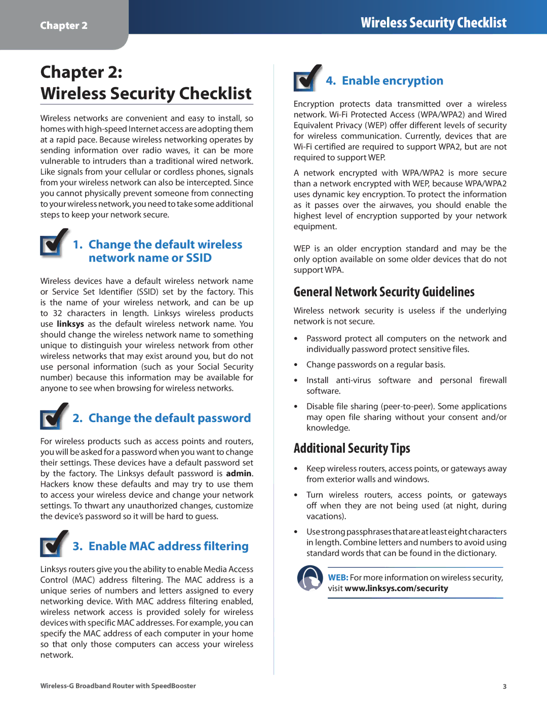 Cisco Systems WRT54GS2 manual General Network Security Guidelines, Additional Security Tips 