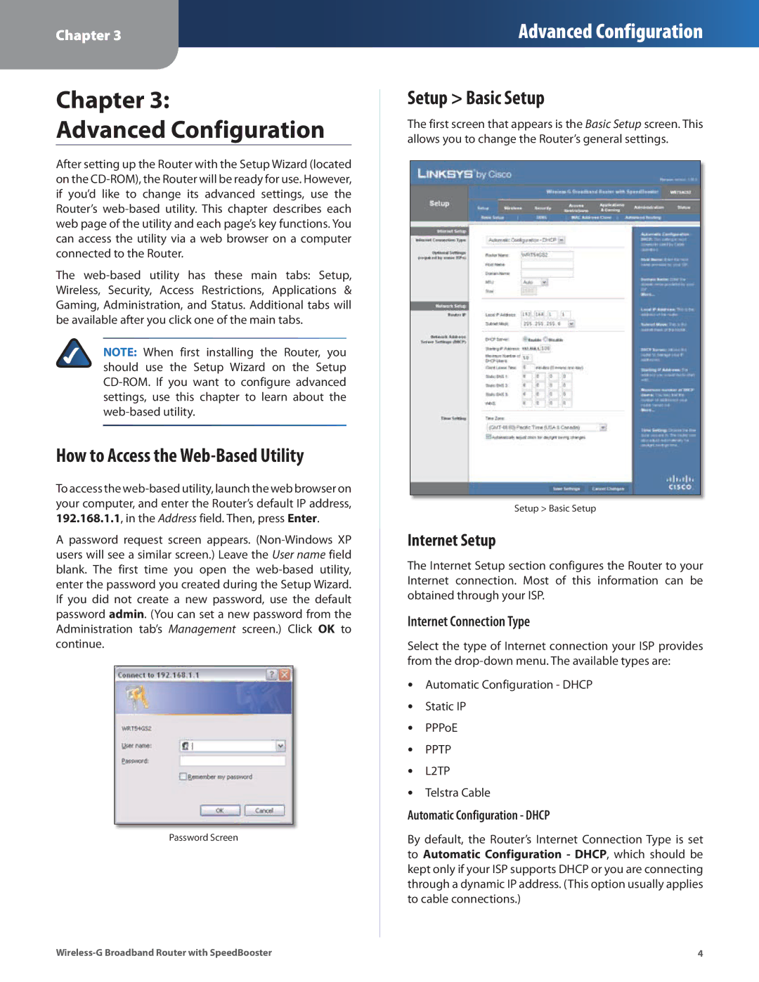 Cisco Systems WRT54GS2 How to Access the Web-Based Utility, Setup Basic Setup, Internet Setup, Internet Connection Type 