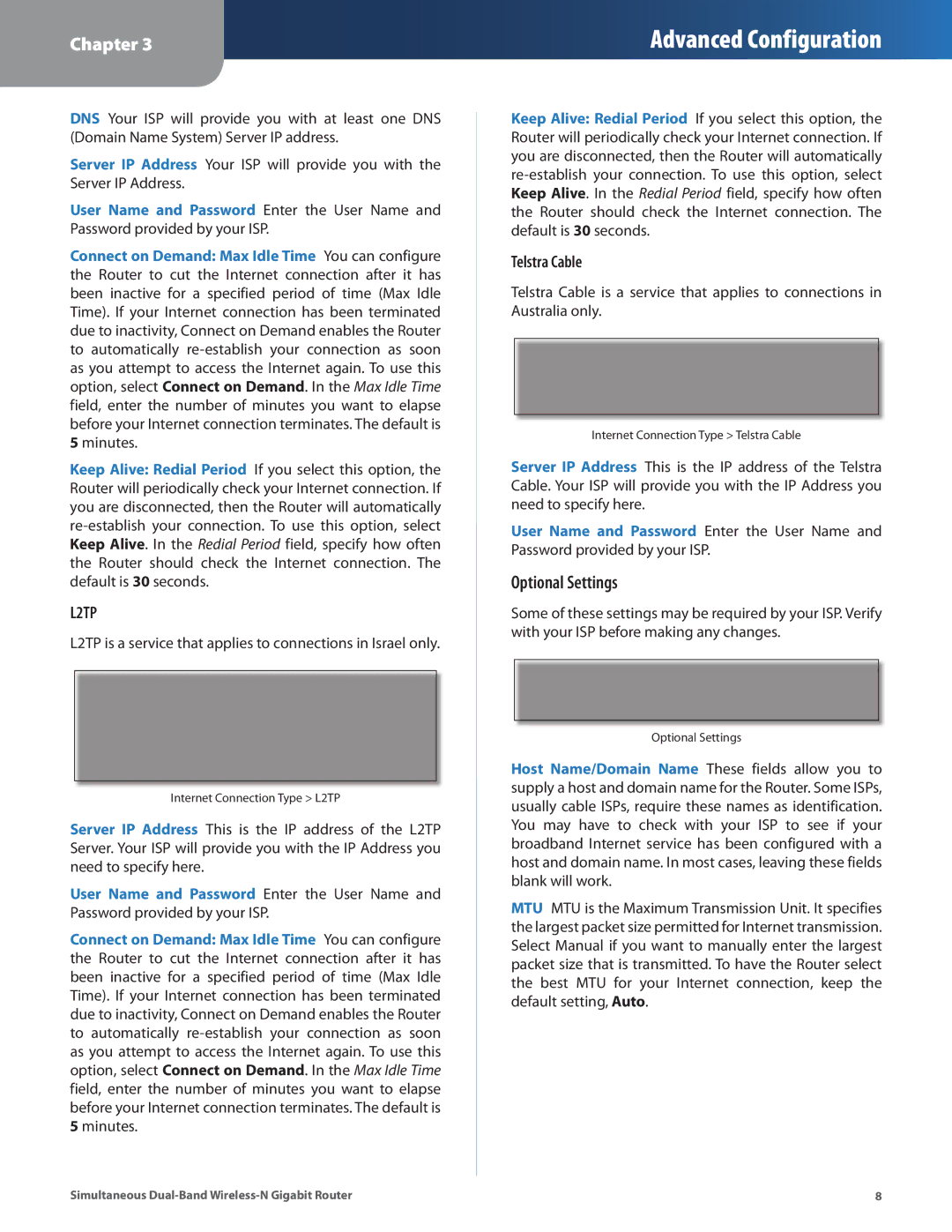 Cisco Systems WRT610N manual Optional Settings, Telstra Cable 