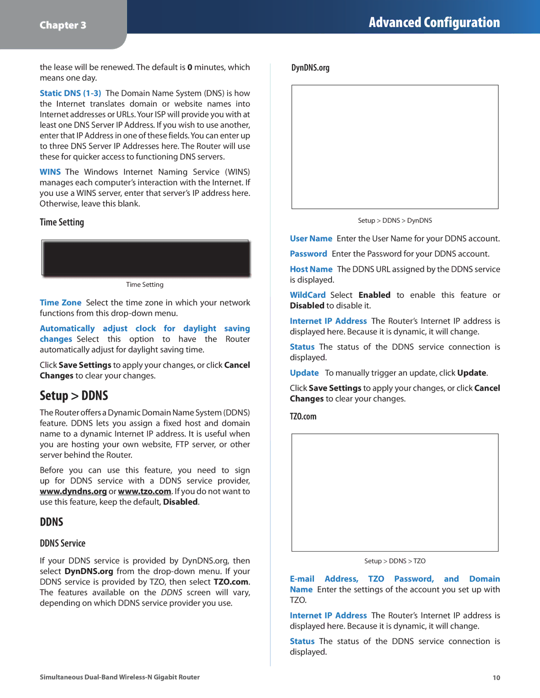 Cisco Systems WRT610N manual Setup Ddns, Time Setting, Ddns Service, DynDNS.org, TZO.com 