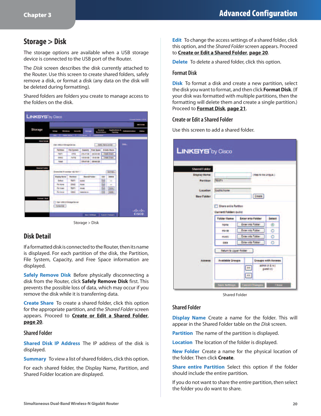 Cisco Systems WRT610N manual Storage Disk, Disk Detail, Format Disk, Create or Edit a Shared Folder 