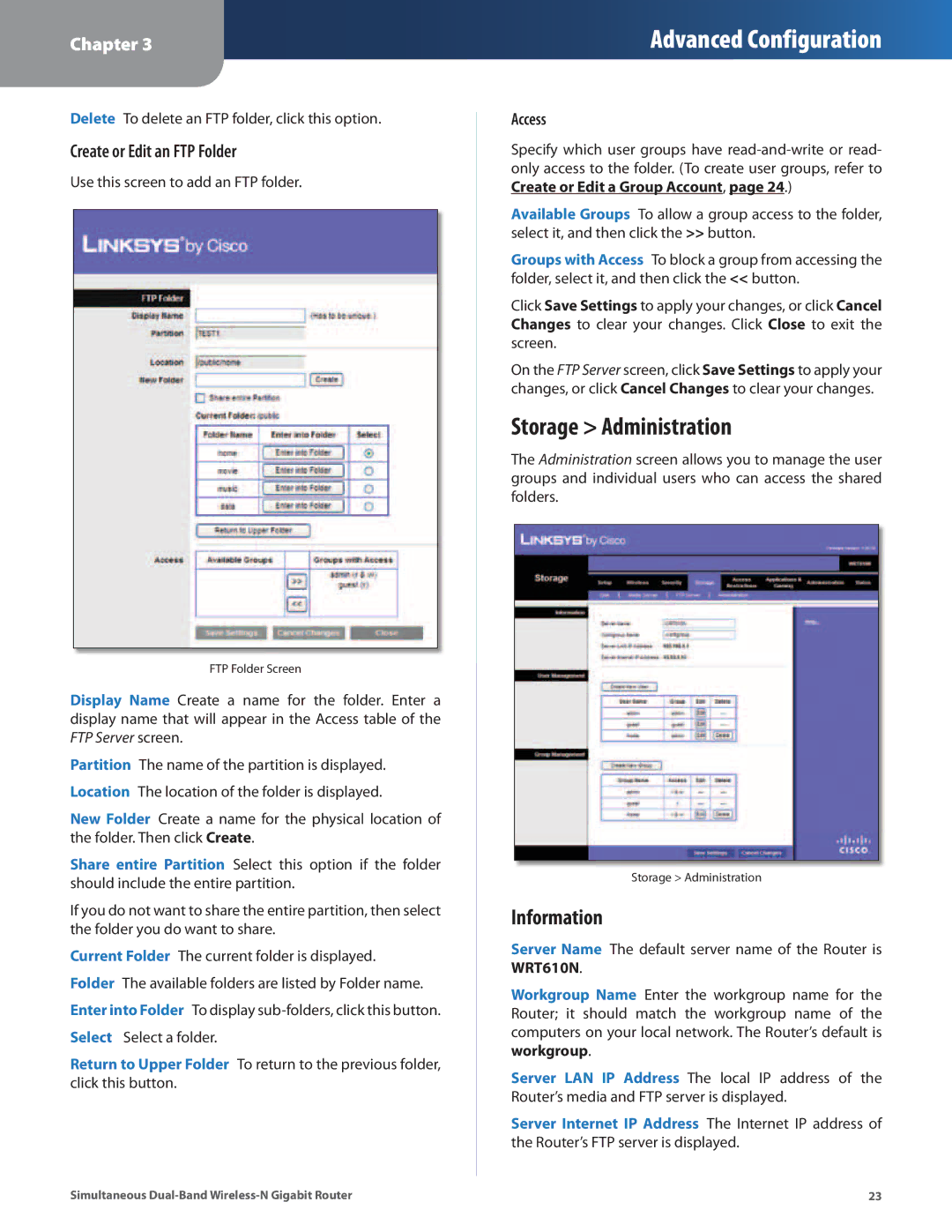 Cisco Systems WRT610N manual Storage Administration, Information, Create or Edit an FTP Folder 