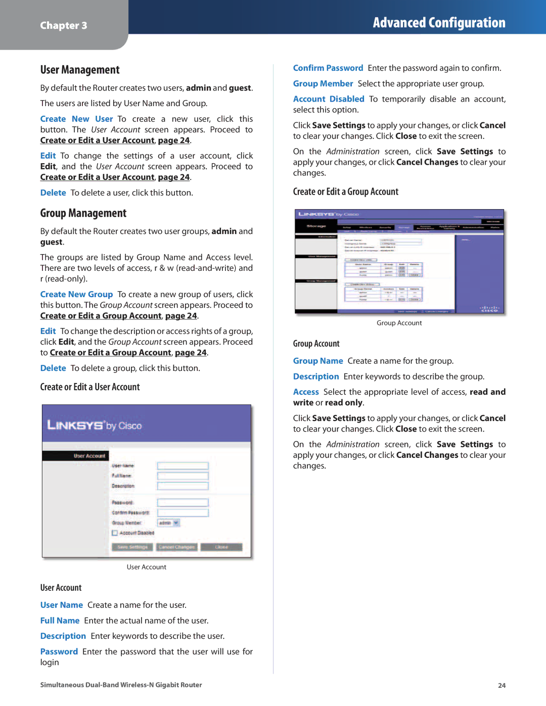 Cisco Systems WRT610N User Management, Group Management, Create or Edit a User Account, Create or Edit a Group Account 