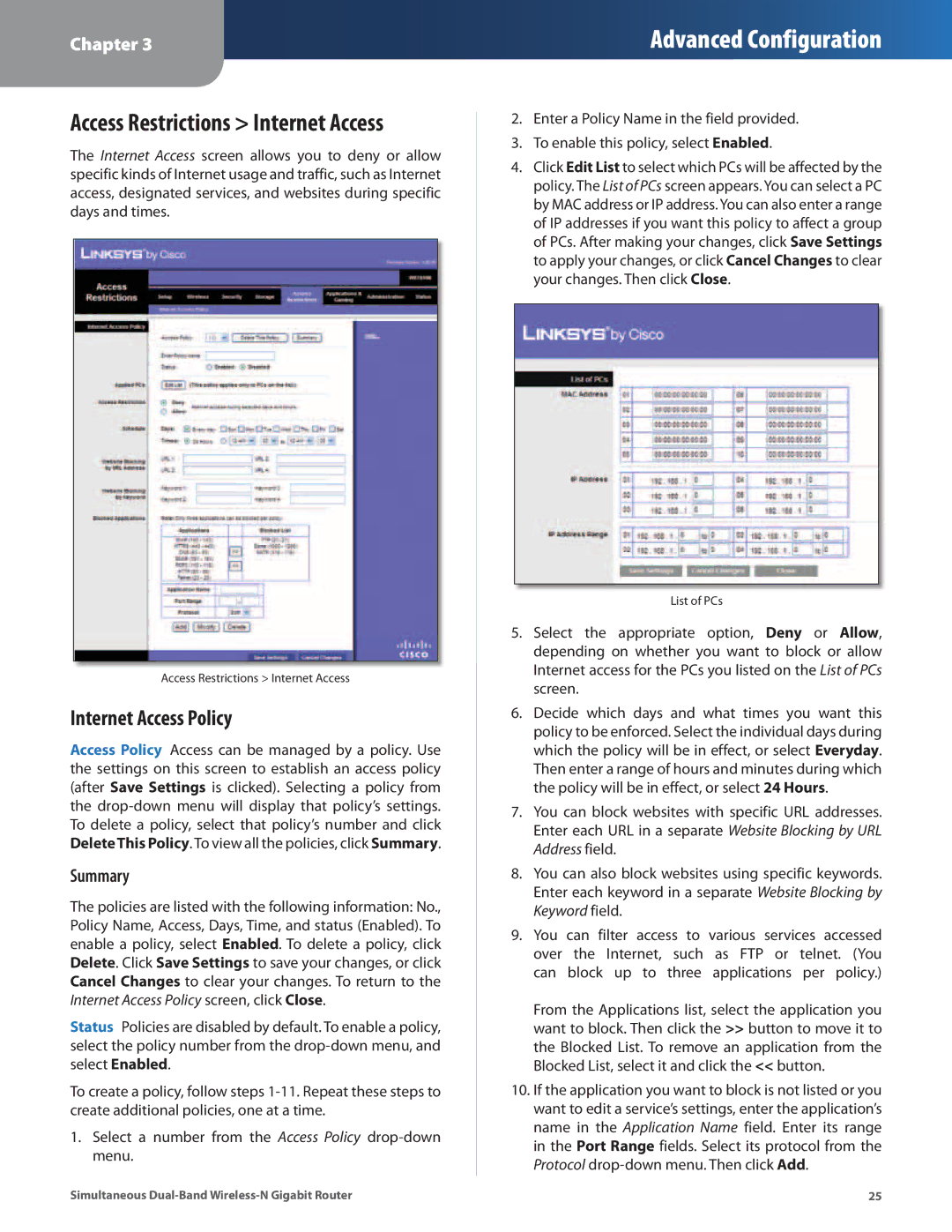 Cisco Systems WRT610N manual Internet Access Policy, Summary 