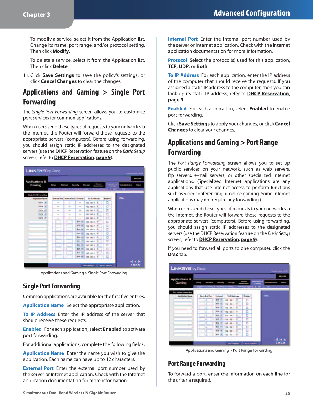 Cisco Systems WRT610N manual Applications and Gaming Single Port Forwarding, Applications and Gaming Port Range Forwarding 