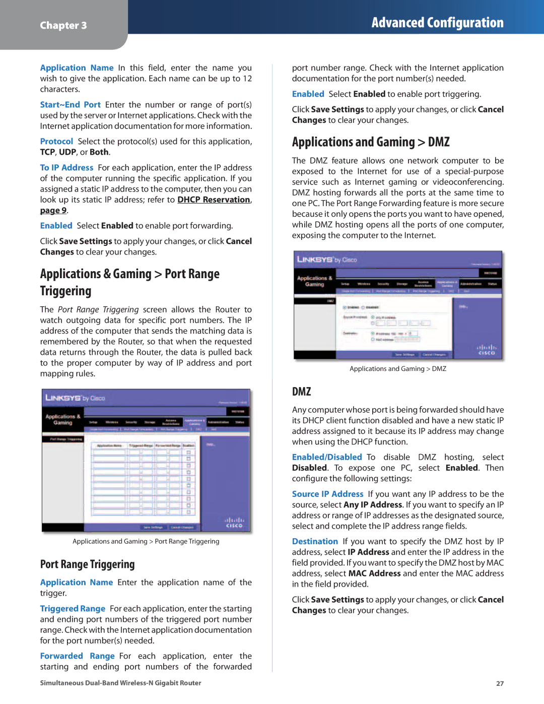 Cisco Systems WRT610N manual Applications & Gaming Port Range Triggering, Applications and Gaming DMZ 