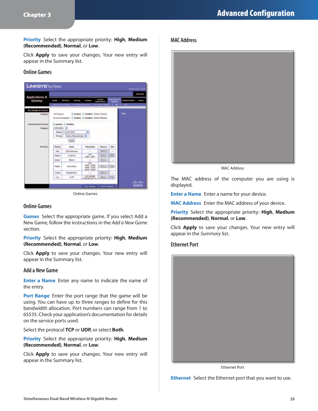 Cisco Systems WRT610N manual Online Games, Add a New Game, MAC Address, Ethernet Port 