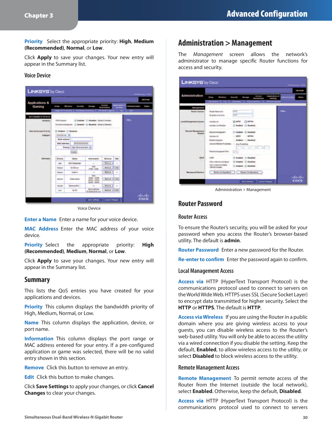 Cisco Systems WRT610N manual Administration Management, Summary, Router Password 