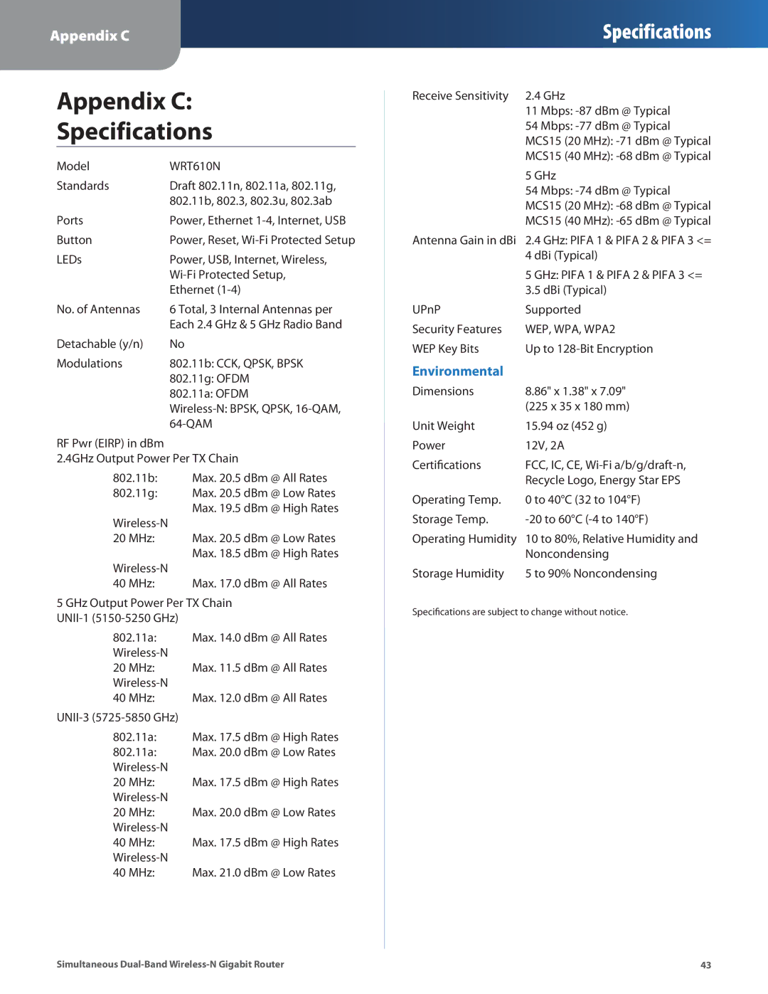 Cisco Systems WRT610N manual Appendix C Specifications 