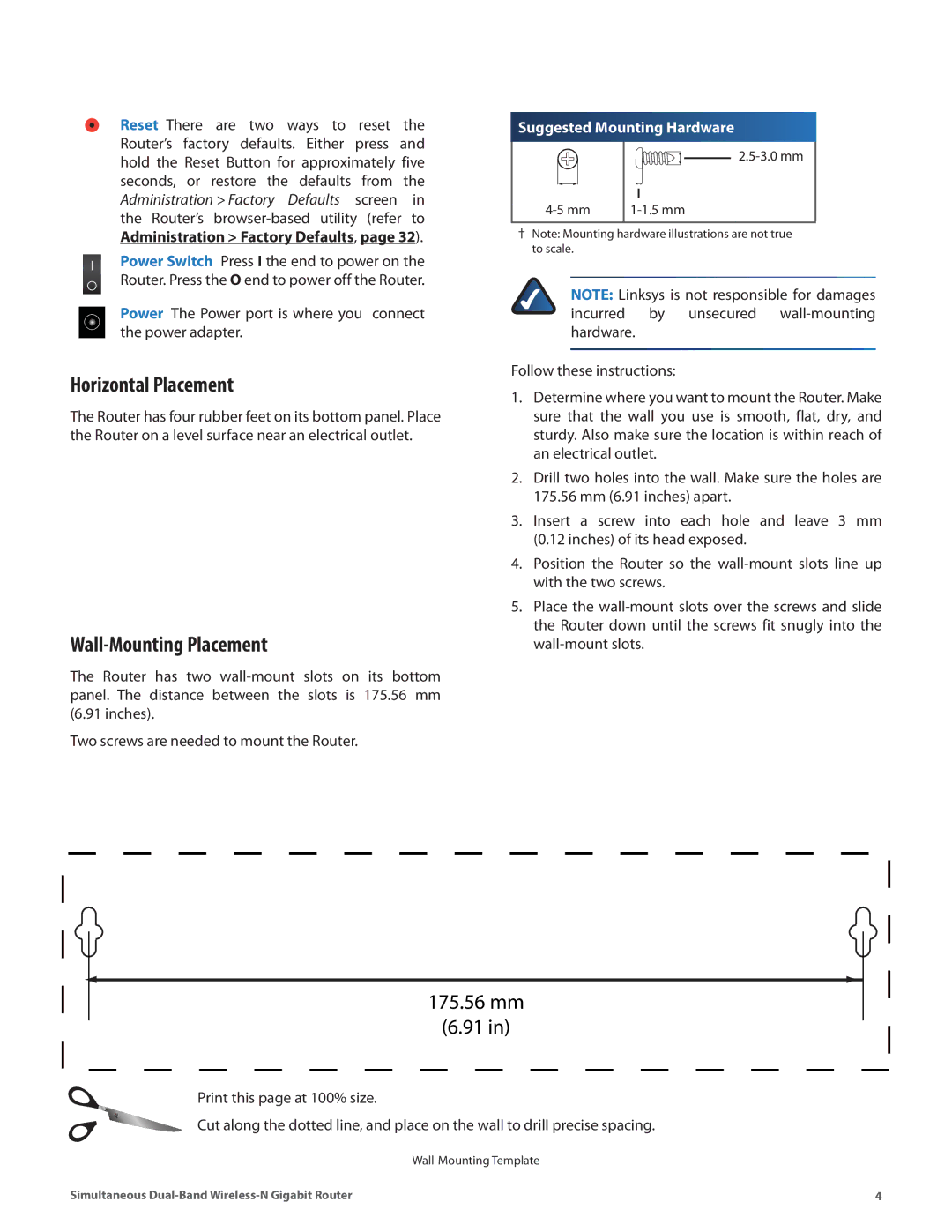 Cisco Systems WRT610N manual Horizontal Placement, Wall-Mounting Placement 