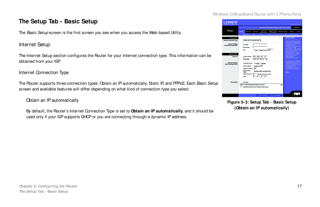 Cisco Systems WRTP54G manual Setup Tab Basic Setup, Internet Setup, Internet Connection Type, Obtain an IP automatically 