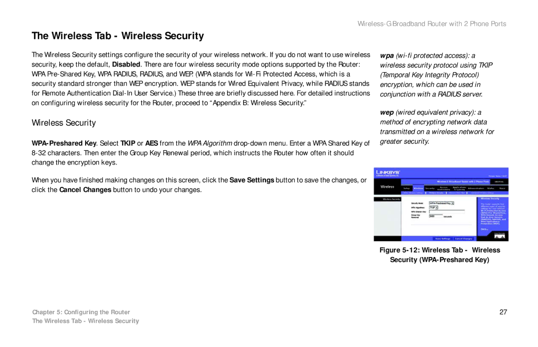 Cisco Systems WRTP54G manual Wireless Tab Wireless Security 