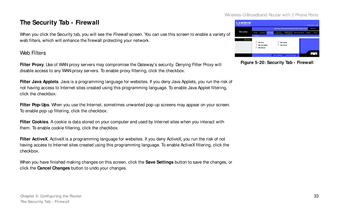 Cisco Systems WRTP54G manual Security Tab Firewall, Web Filters 