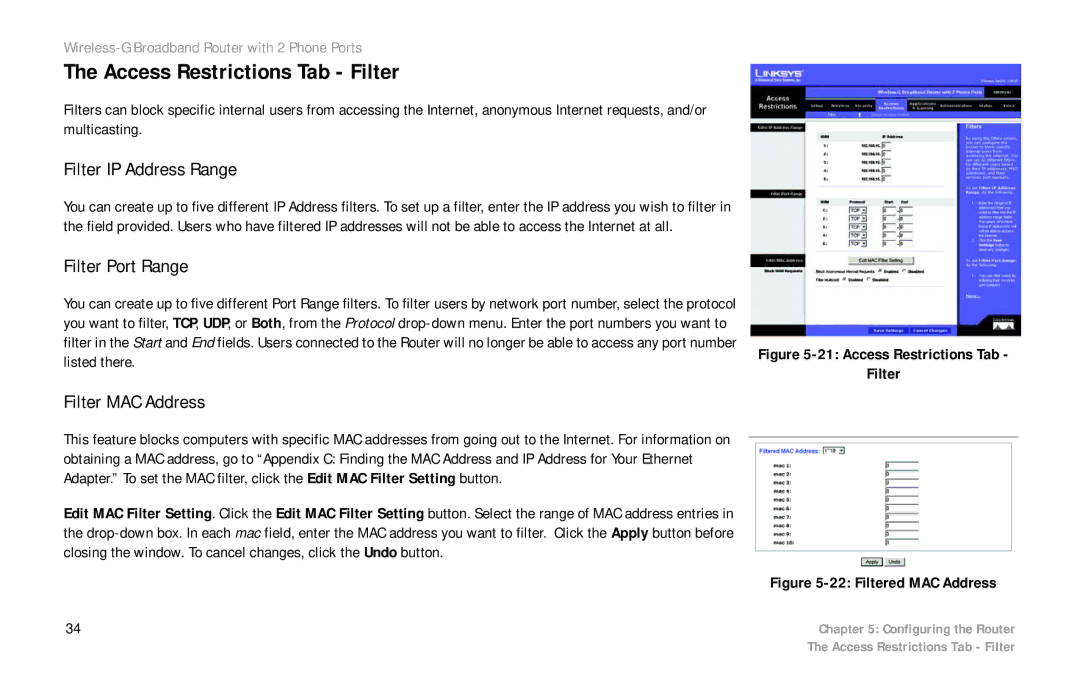 Cisco Systems WRTP54G manual Access Restrictions Tab Filter, Filter IP Address Range, Filter Port Range, Filter MAC Address 