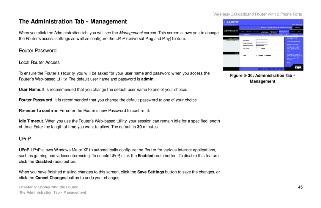 Cisco Systems WRTP54G manual Administration Tab Management, Router Password, UPnP, Local Router Access 