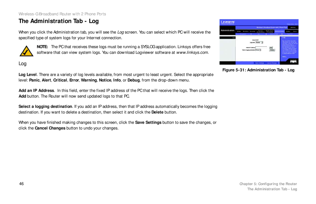 Cisco Systems WRTP54G manual Administration Tab Log 