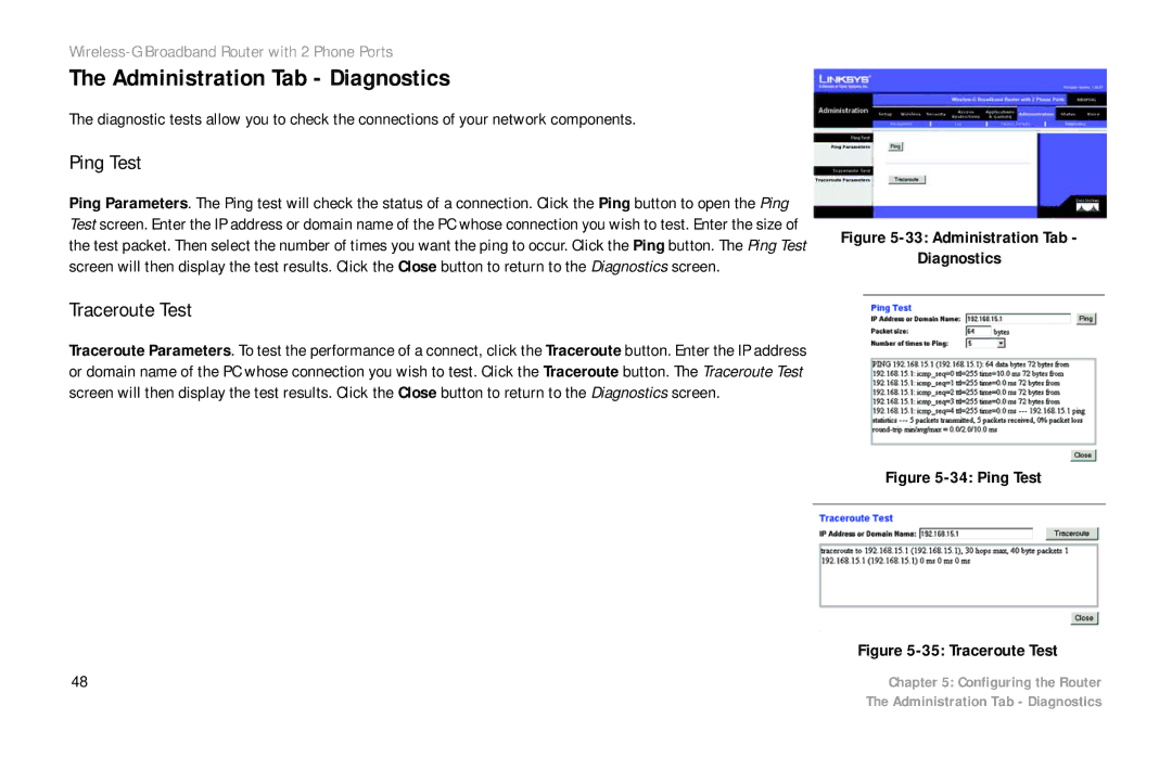 Cisco Systems WRTP54G manual Administration Tab Diagnostics, Ping Test, Traceroute Test 